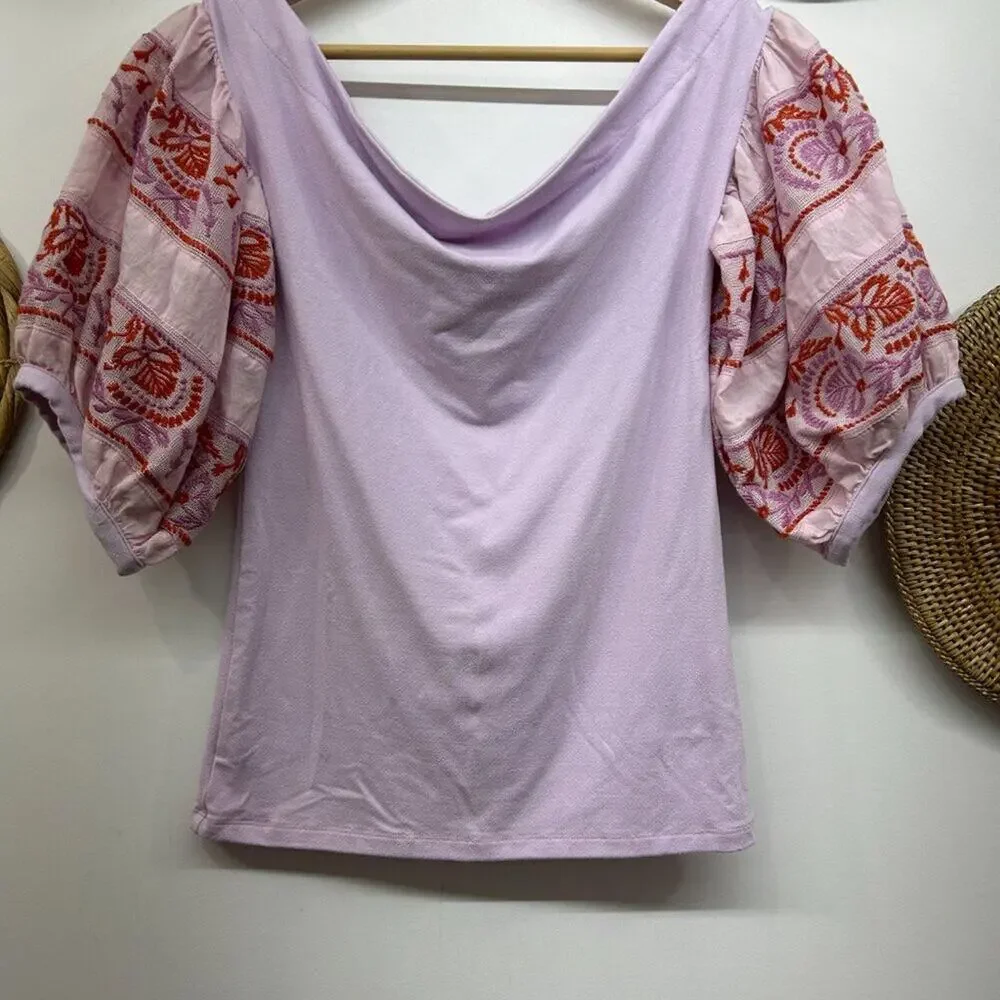 Free People Purple Boho Bohemian Embroidered Short Puff Sleeve Top Small